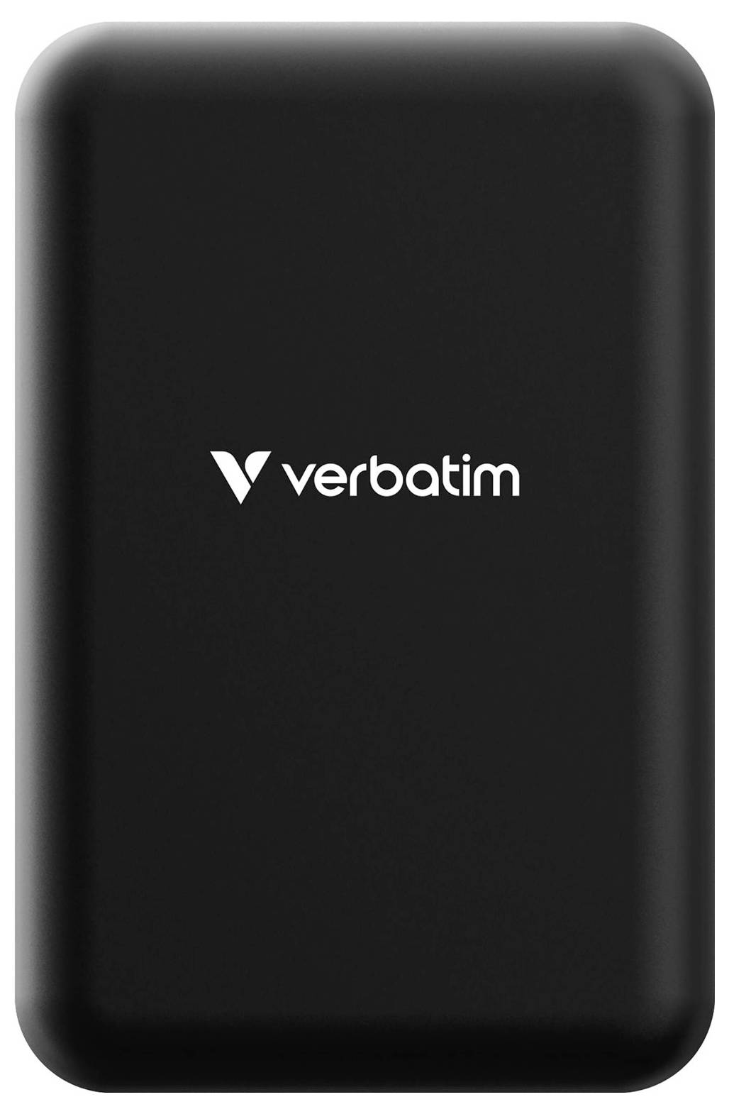 Externí černý externí hard disk značky Verbatim.