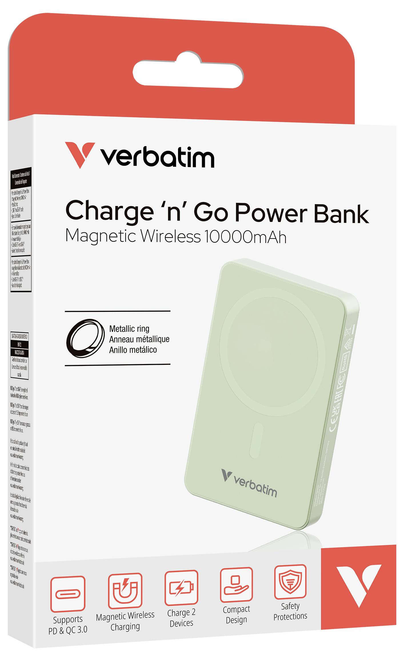 Balení Verbatim 'Charge 'n' Go' powerbanka s kapacitou 10000mAh, s magnetickým bezdrátovým nabíjením, podporou PD & QC 3.0, v zelené barvě.