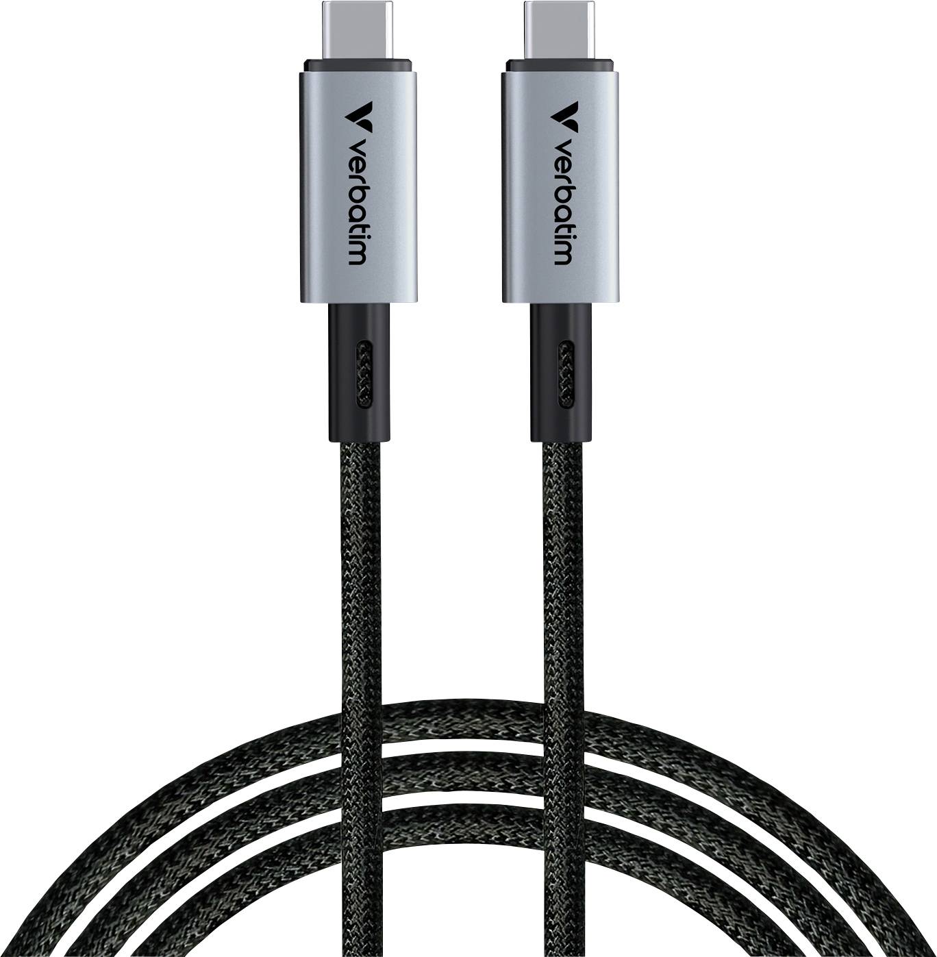 Černý opletený USB-C kabel se stříbrnými koncovkami na obou stranách, vhodný pro rychlý přenos dat a nabíjení.