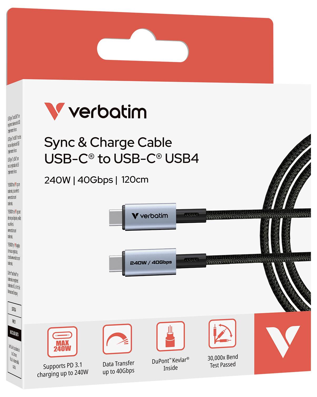 Verbatim USB4 kabel, USB-C konektor, délka 120 cm, přenos dat až 40 Gb/s, nabíjení až 240 W, opletený, černý.