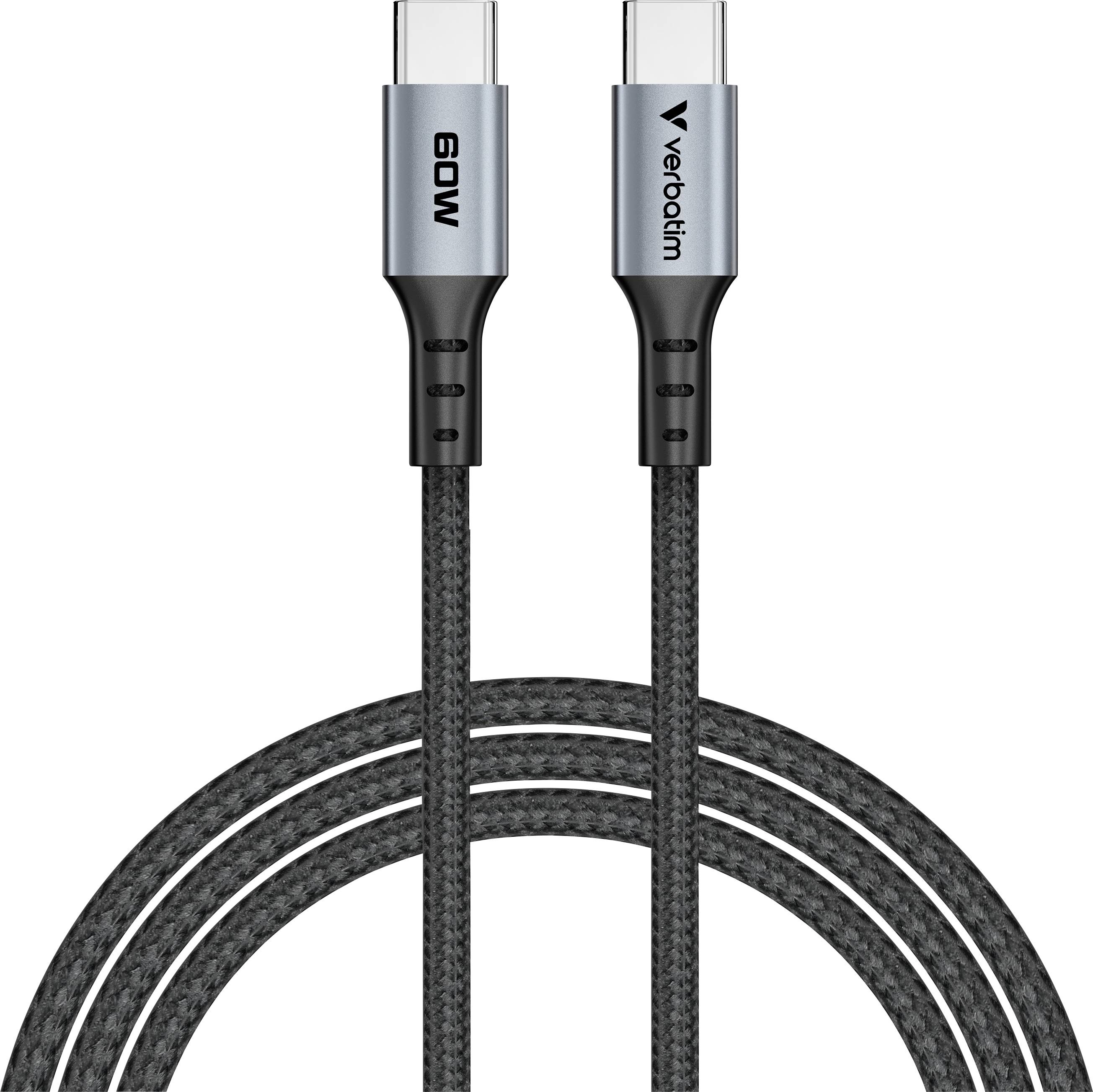 Dva USB-C kabely s šedým textilním opletem, jeden s nápisem „60W", druhý s logem „Verbatim". Vhodné pro rychlé nabíjení.