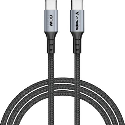 Dva USB-C kabely s šedým textilním opletem, jeden s nápisem „60W", druhý s logem „Verbatim". Vhodné pro rychlé nabíjení.