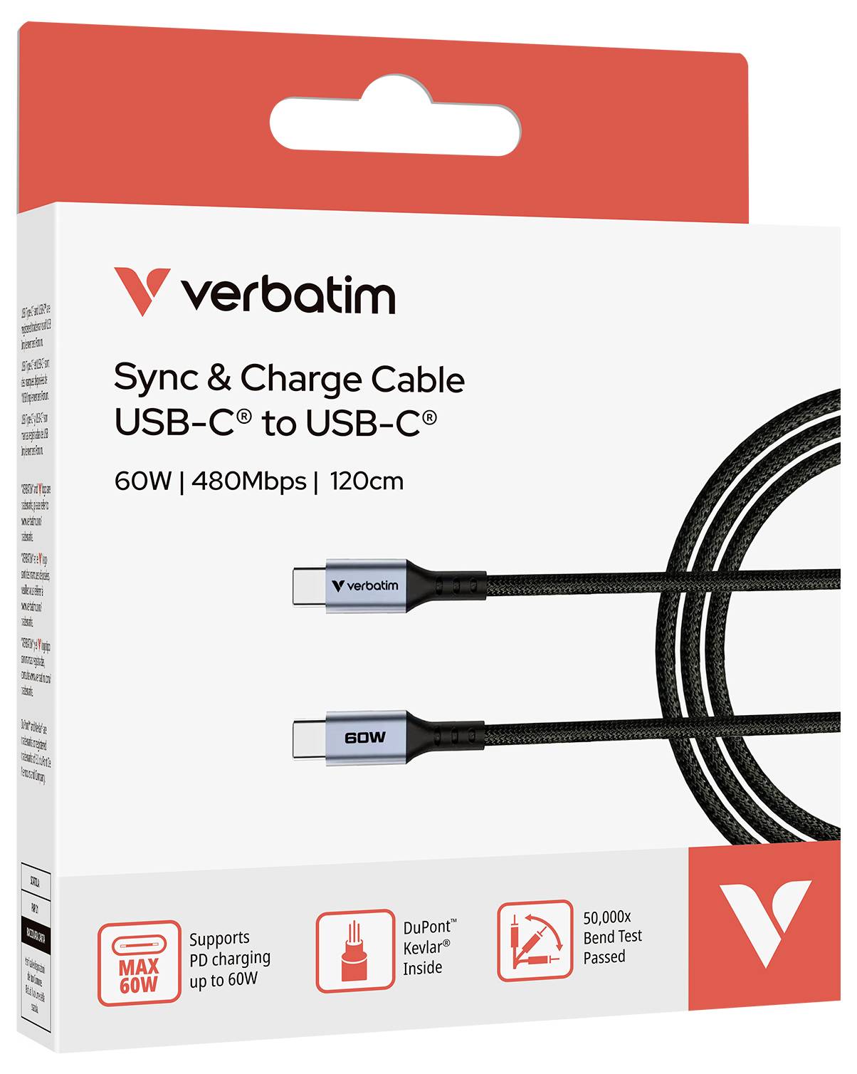 Balení černého synchronizačního a nabíjecího USB-C na USB-C kabelu Verbatim, 60W, 480Mbps, délka 120 cm. Podporuje Power Delivery, odolnost vůči ohybu 50 000 cyklů.