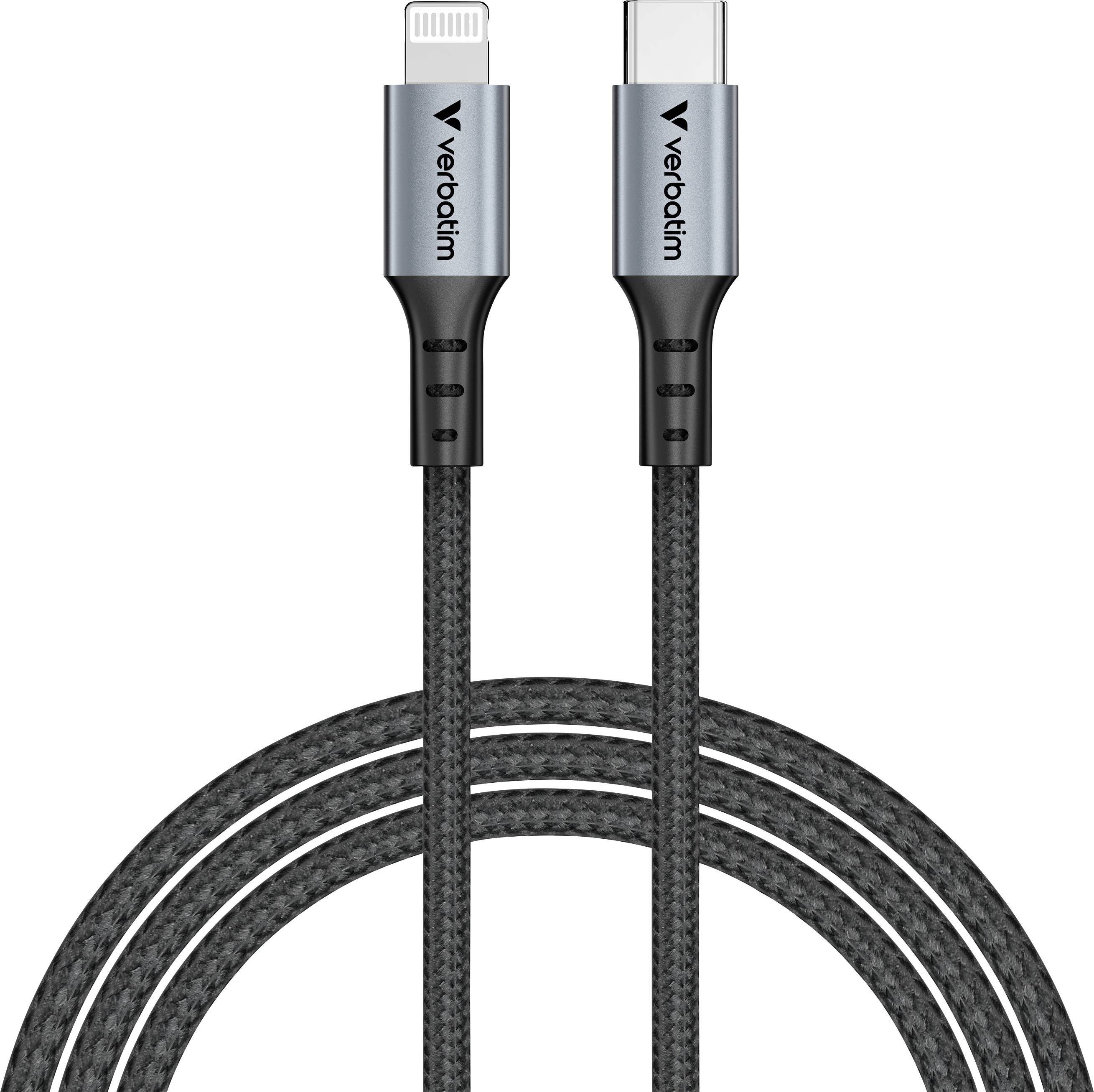 Dva opletené kabely s konektory USB-C a Lightning, vhodné pro nabíjení a přenos dat, oba od společnosti Verbatim.