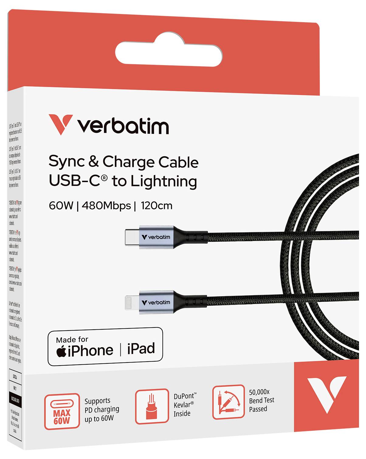 Obal 'Verbatim Sync & Charge Cable' ukazuje 120 cm dlouhý kabel USB-C na Lightning pro iPhone a iPad, podporující 60W Power Delivery.