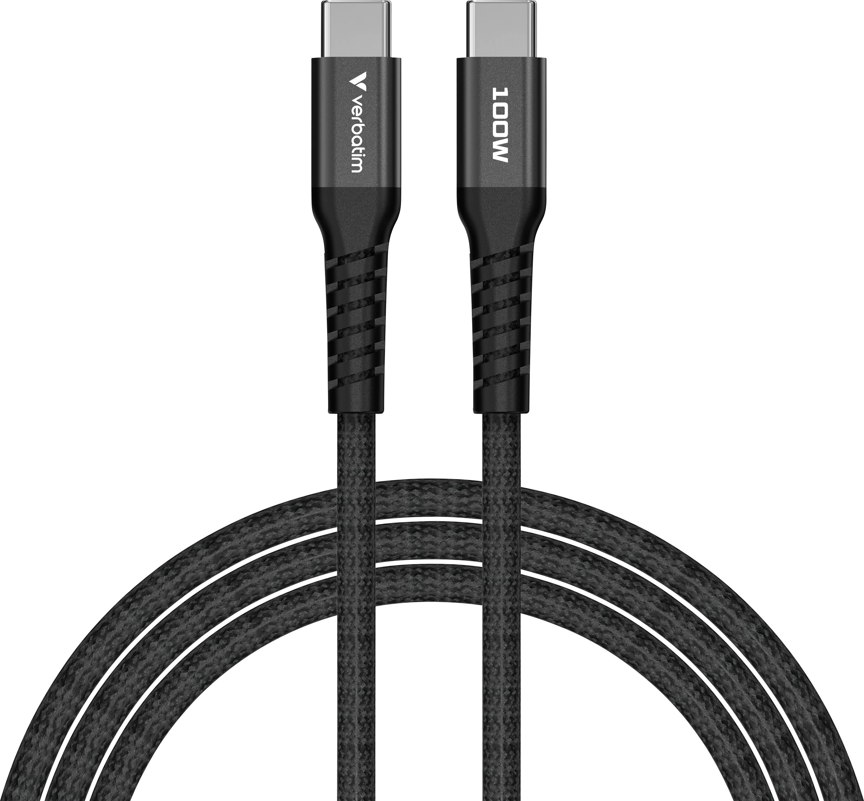Dva USB-C kabely s černým opletením, vlevo označené nápisem 'Verbatim', vpravo nápisem '100W', na bílém pozadí.