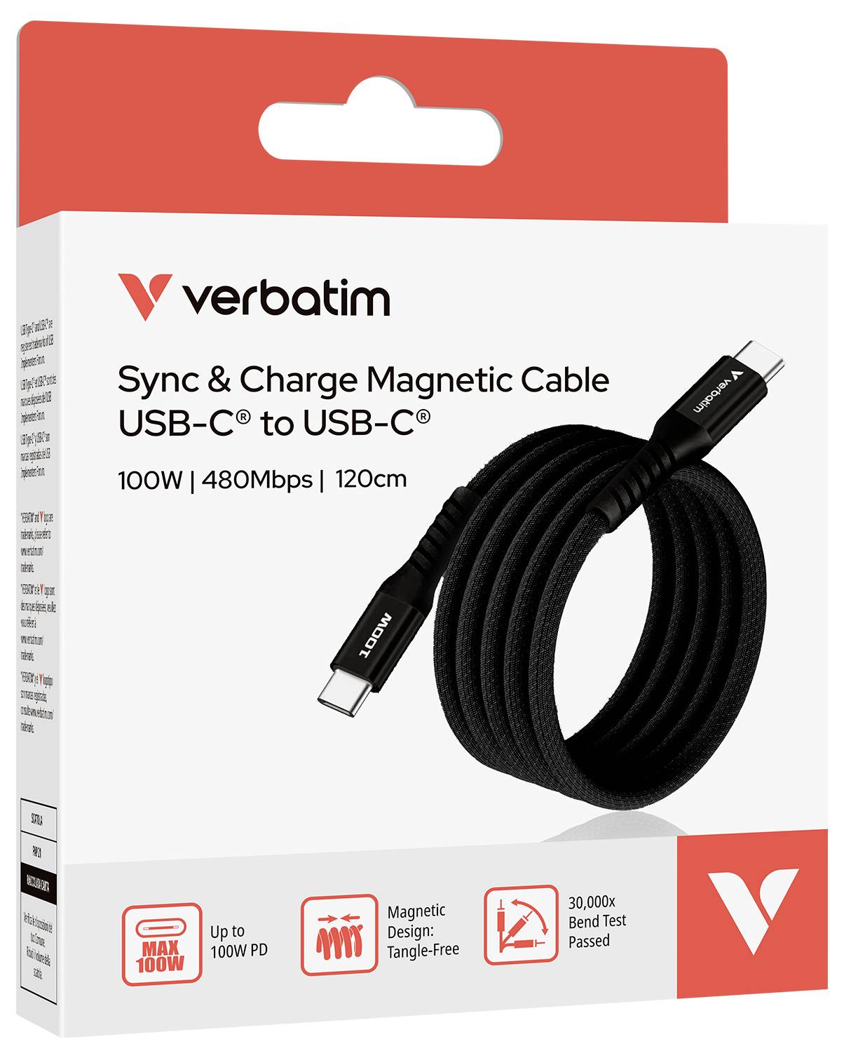 Balení nabíjecího a synchronizačního kabelu Verbatim USB-C na USB-C. Podporuje 100W výkon, 480 Mb/s, délka 120 cm.