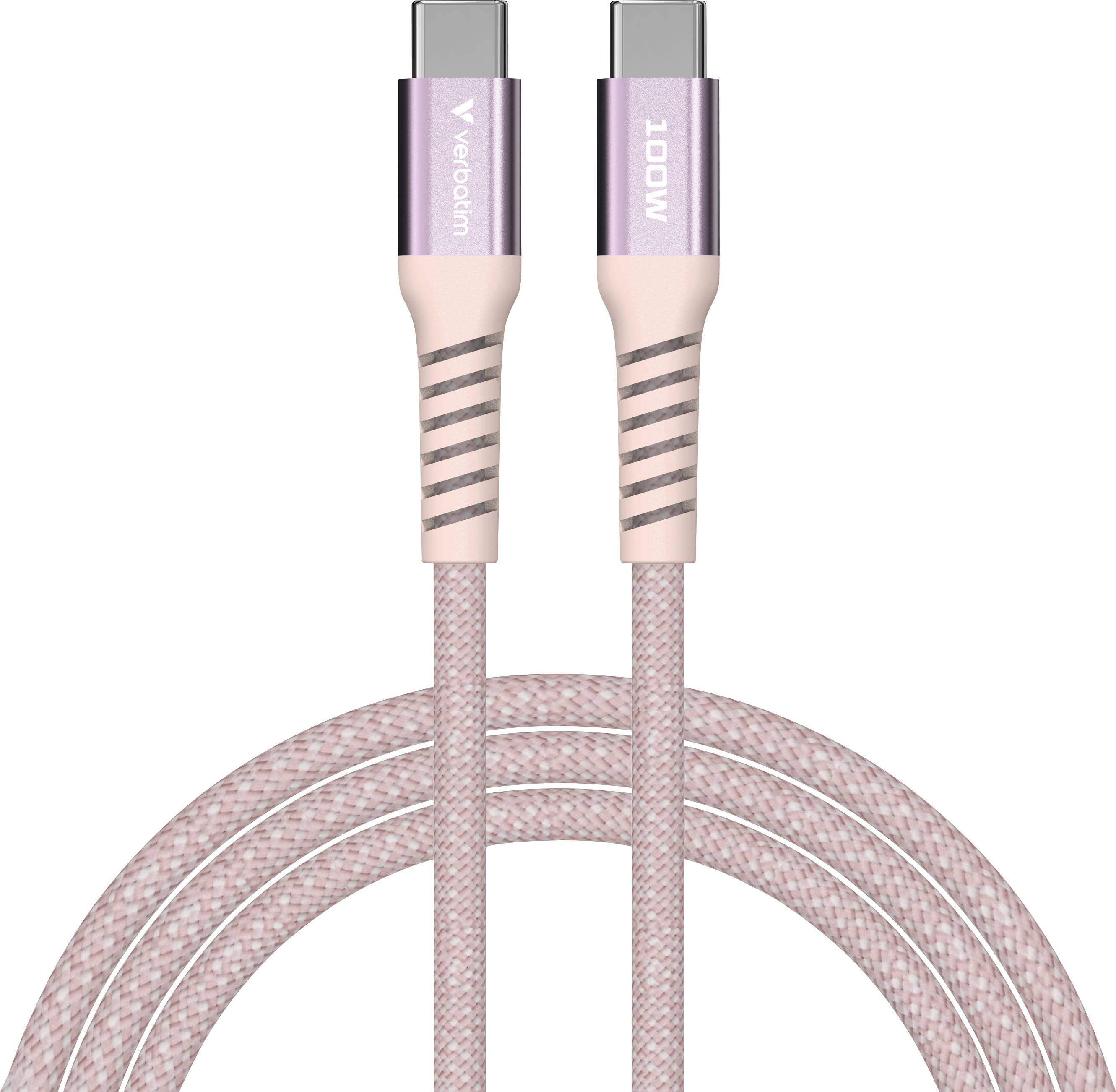Růžový USB-C kabel s kovovými konektory. Na jednom konektoru je nápis 'Veredim', na druhém '100W'. Strukturovaný, opletený plášť.