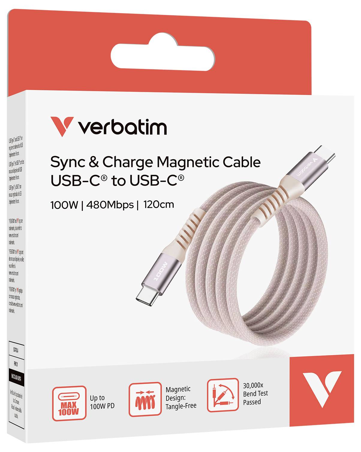 Magnetický synchronizační a nabíjecí kabel Verbatim USB-C na USB-C, 100W, 480 Mb/s, 120 cm. Obal zobrazuje design kabelu a detaily značky.