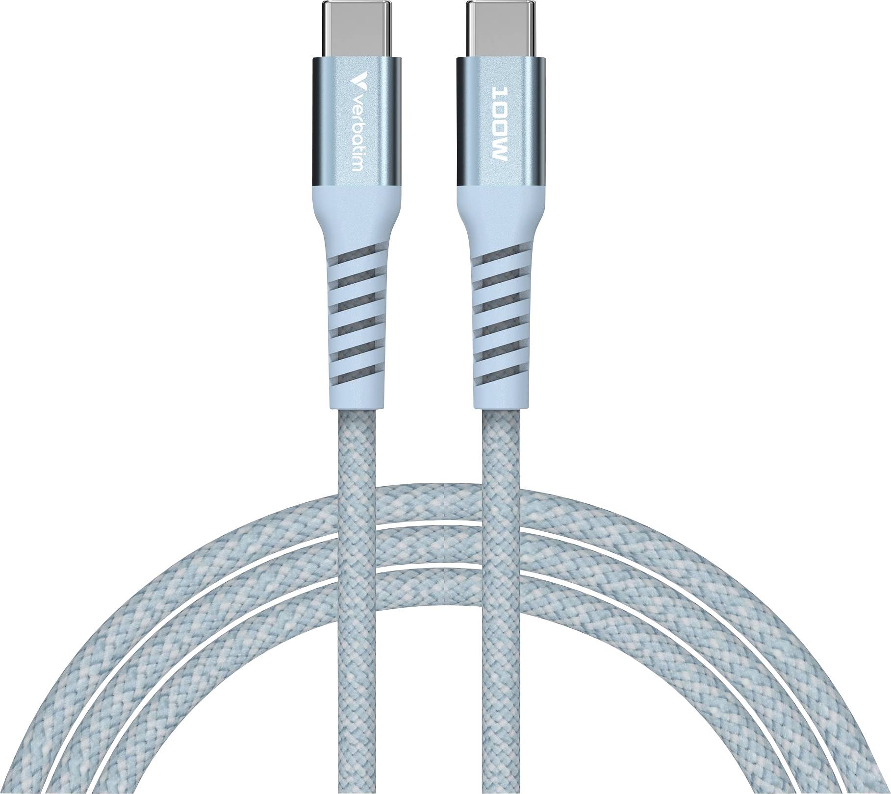 Modrý USB-C kabel od značky Verbatim, 100W, s opletaným designem a zesílenými konektory. Ideální pro rychlé nabíjení a přenos dat.