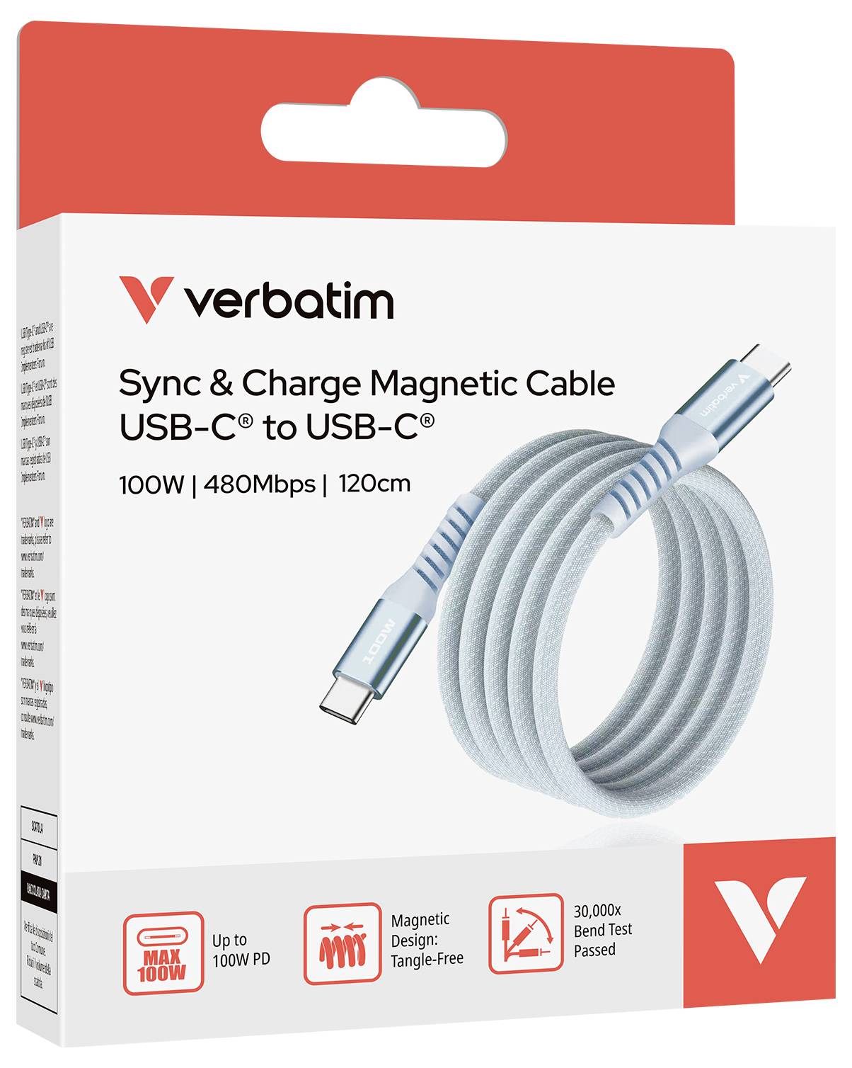 Obal kabelu 'Verbatim' USB-C na USB-C, zobrazující 100W magnetický nabíjecí kabel o délce 120 cm. Text: 'Magnetický kabel pro synchronizaci a nabíjení'.