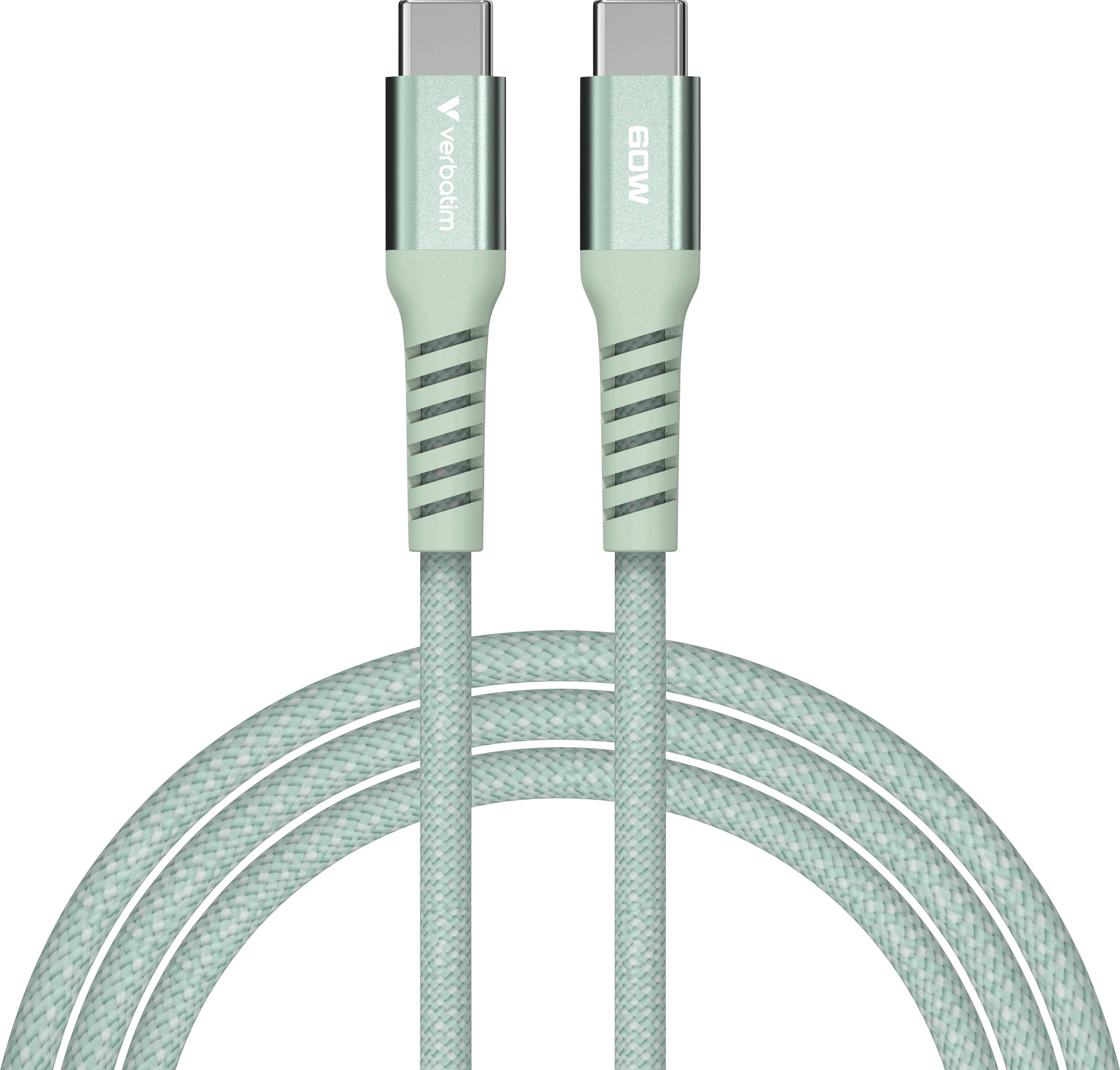 Mátově zelený USB-C kabel s opletením, ohebným zakončením a nápisem '60W'.