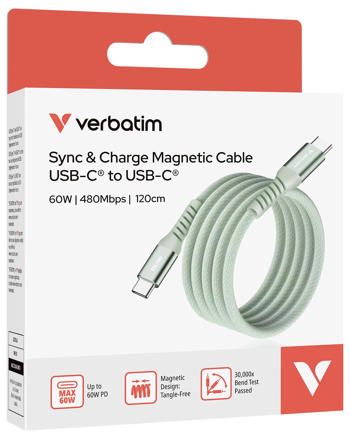 'Verbatim USB-C na USB-C nabíjecí kabel, 60W, 480Mbps, 120 cm, magnetický, bez zamotání, testovaný na 30.000 ohybů.'