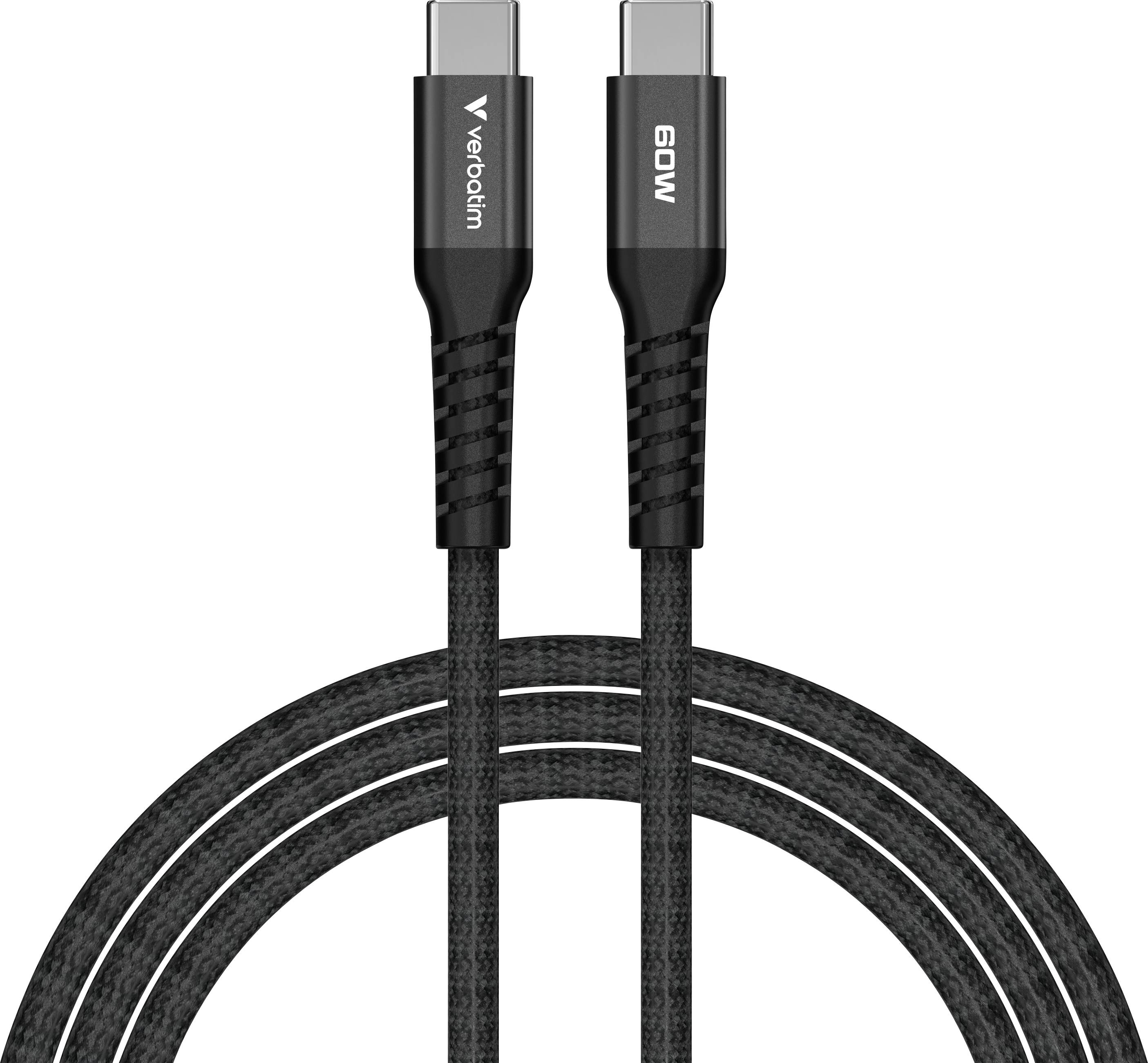 Dva černé USB-C kabely od Verbatimu s nápisem '60W', položené vedle sebe na bílém pozadí.