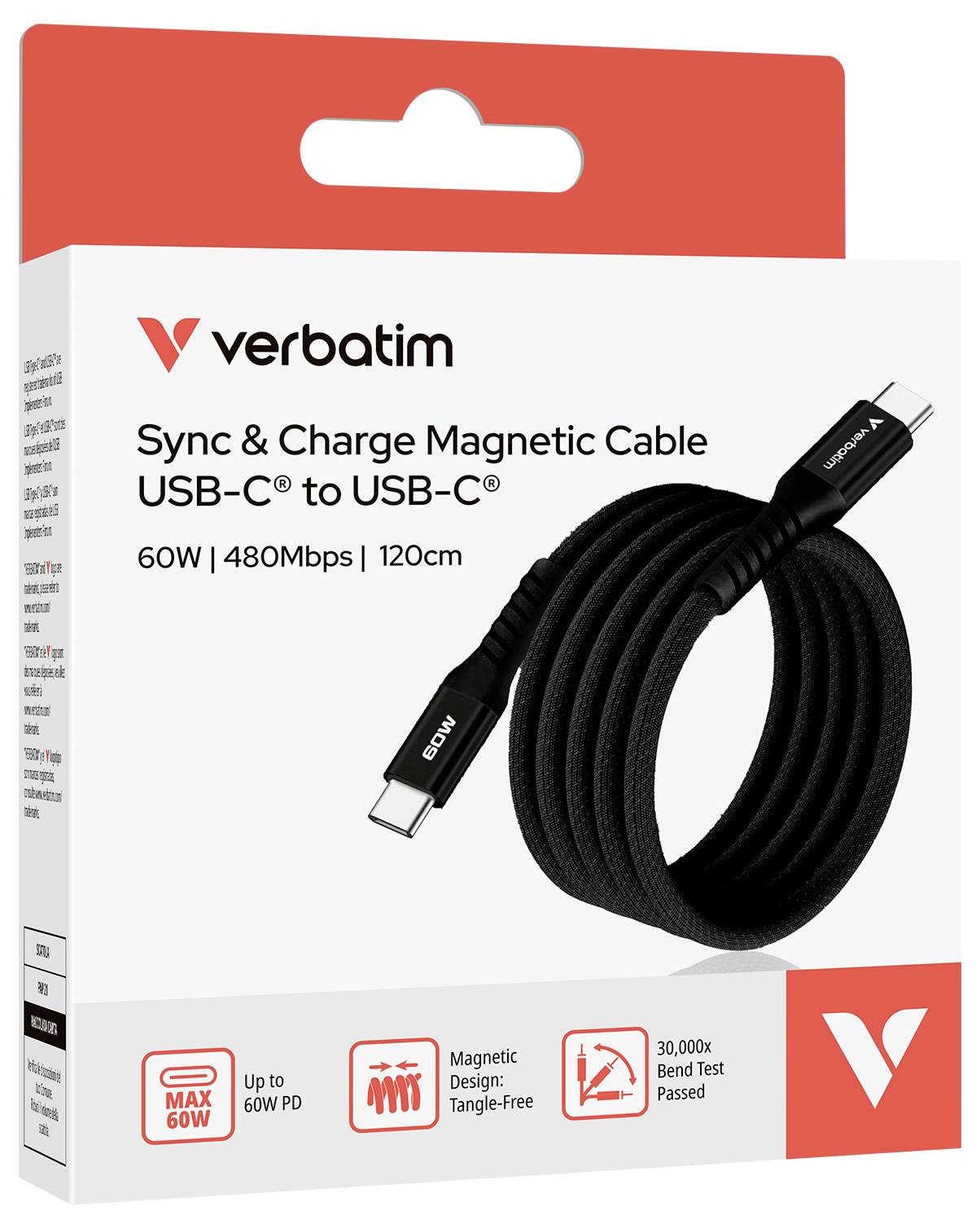 Balení Verbatim Sync & Charge magnetického kabelu, USB-C na USB-C, 60W, 480Mbps, délka 120 cm. Obsahuje symboly pro nabíjecí výkon.