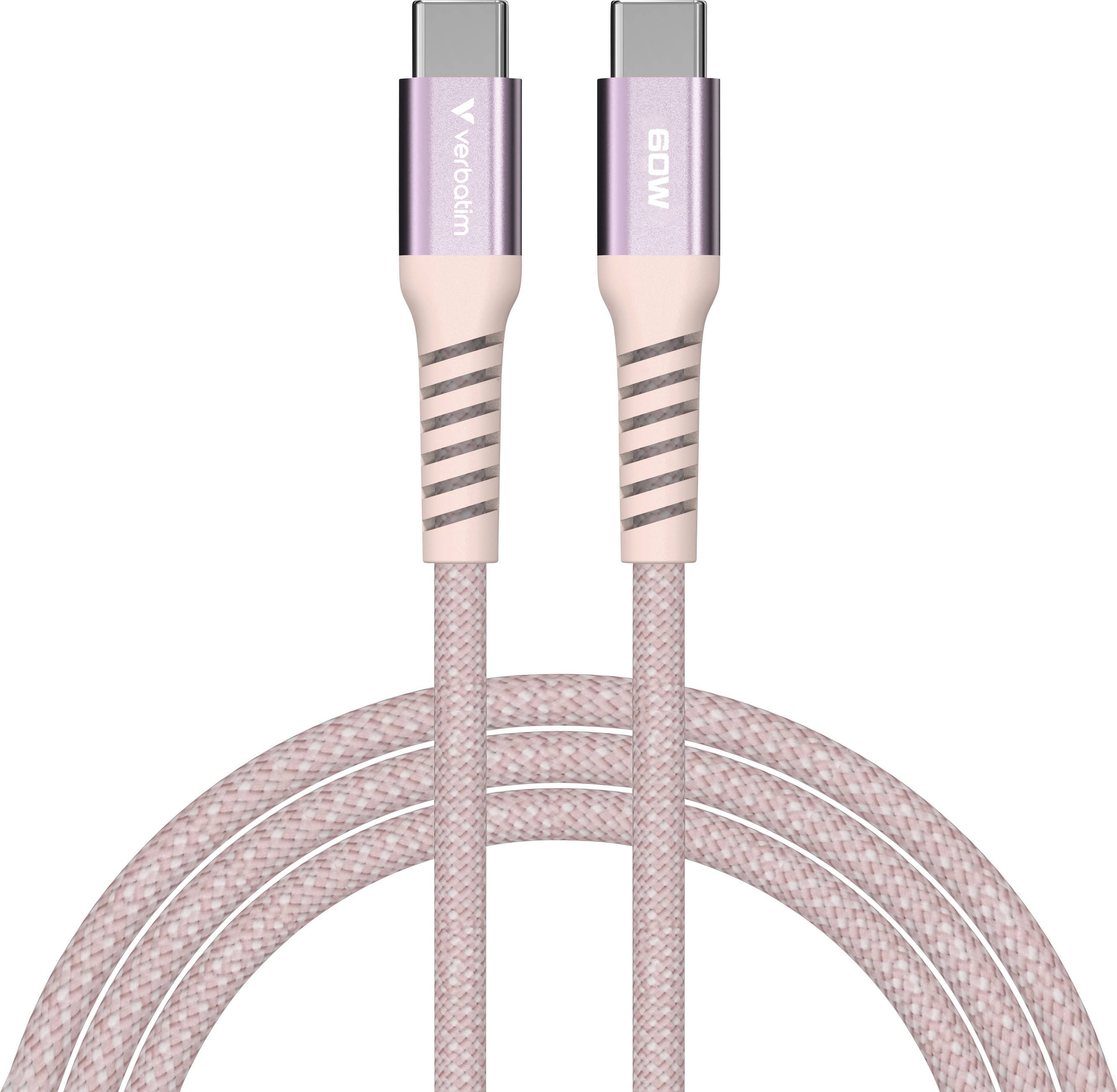 Dva růžové USB-C kabely s 60W označením na koncovkách, spirálovitě opletené. Vhodné pro rychlé nabíjení a přenos dat.