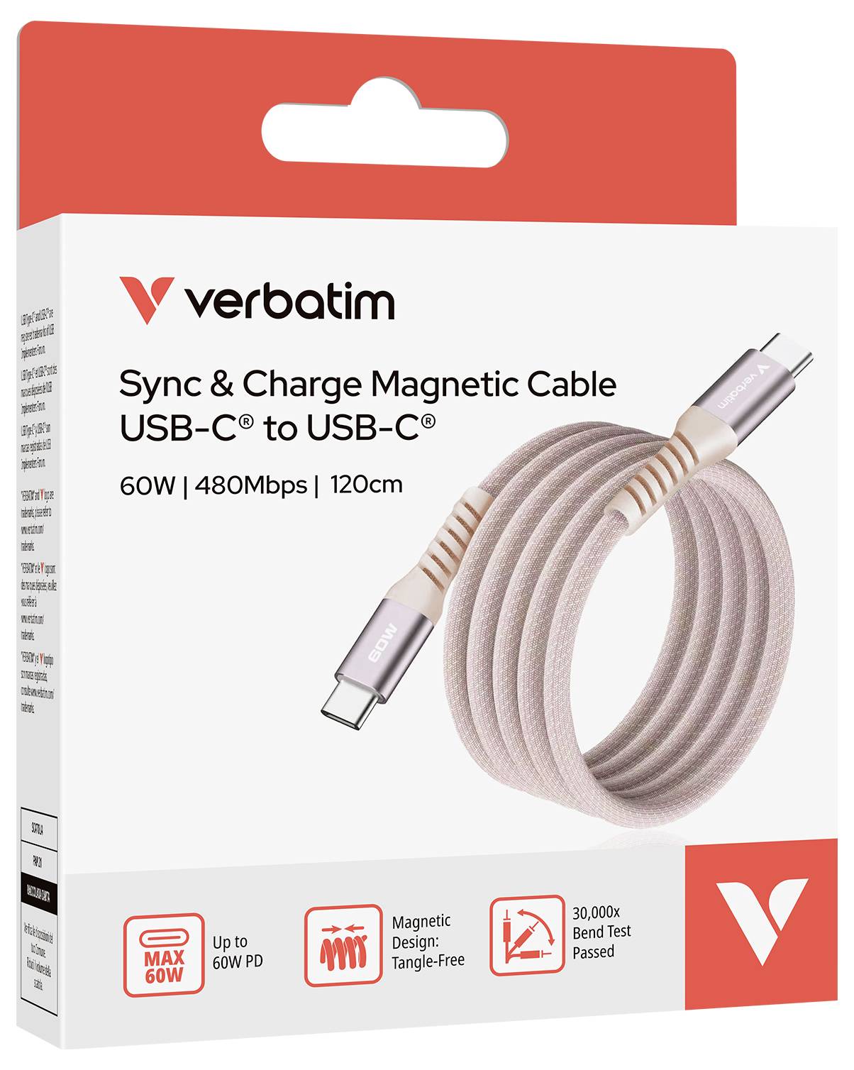 Balení Verbatim USB-C na USB-C kabelu. 'Synchronizace & Nabíjení', 60W, 480Mbps, 120cm. Magnetické připojení, bezkabelové, flexibilní.