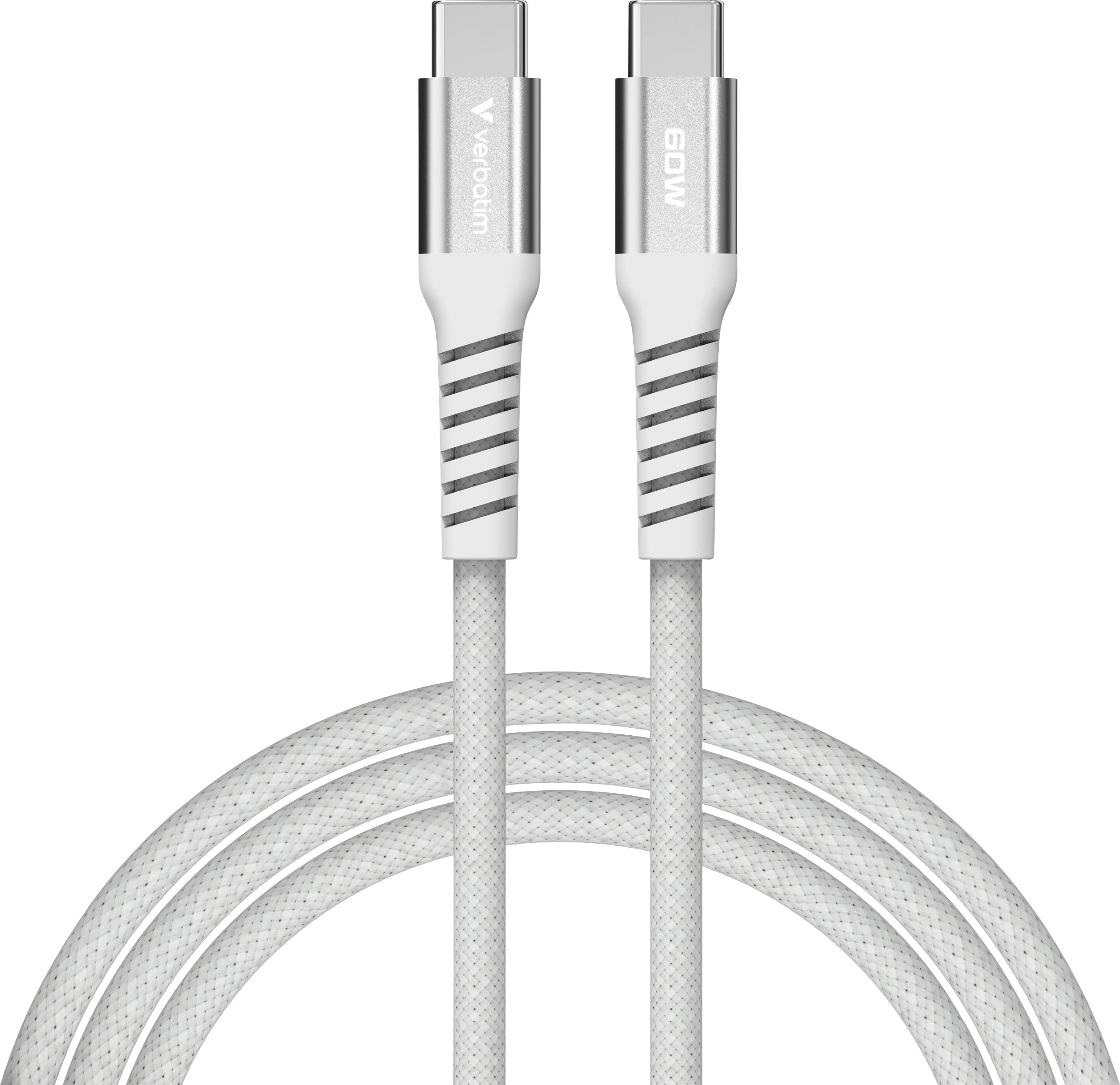 Dvě bílé USB-C kabely se stříbrnými koncovkami, jeden s nápisem 'Verbatim' a druhý s '60W', na bílém pozadí.