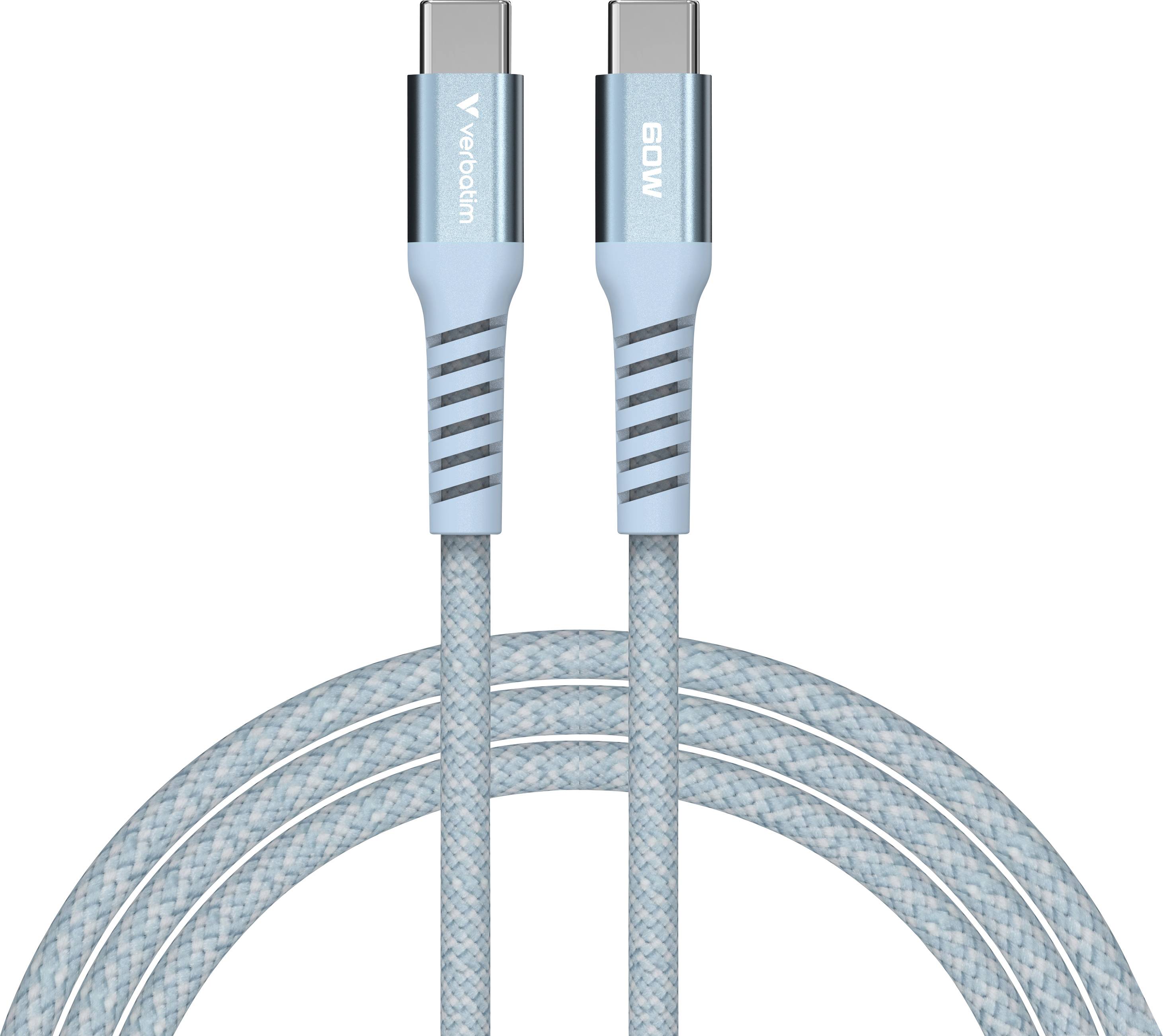 Světle modý USB-C kabel od 'Verbatim' s označením 60W, opletaným designem a stříbrnými akcenty.