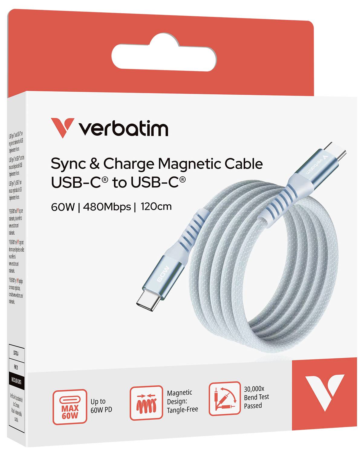 Balení nabíjecího USB-C kabelu Verbatim, 60W, 120 cm, s magnetickým upevněním. Maximální přenosová rychlost: 480 Mb/s.