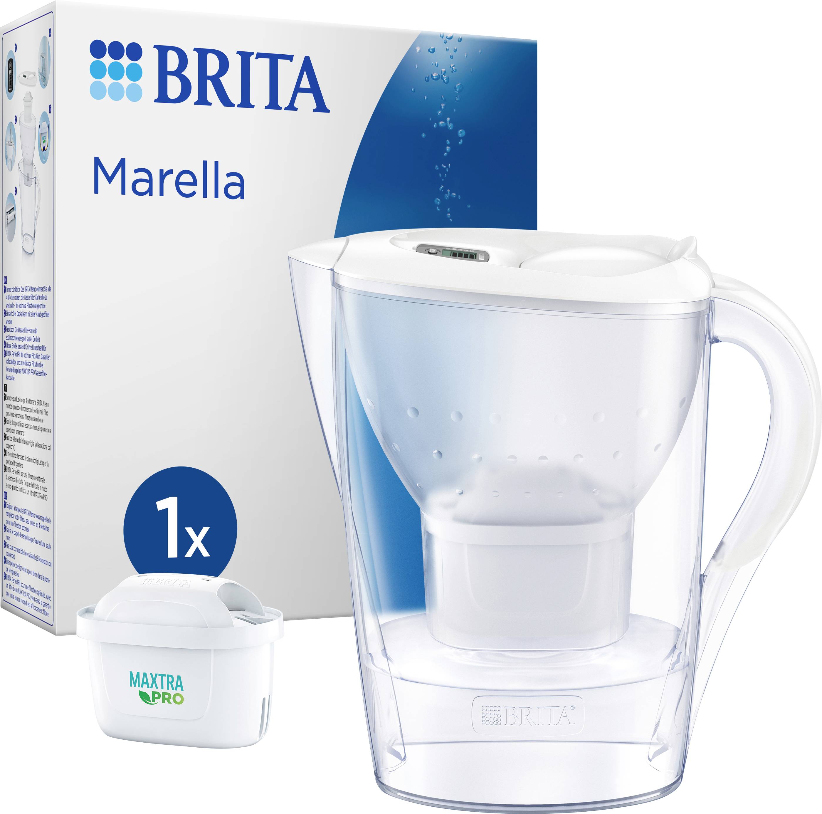Filtrační džbán a filtrační patrona značky Brita Marella. Vlevo krabice s logem Brita, vpravo průhledný džbán s držadlem.