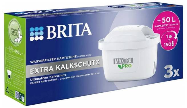 Brita vodní filtrační patrona s 'Extra ochranou proti vodnímu kameni'. Kapacita: +50 l. Obsahuje tři filtry.