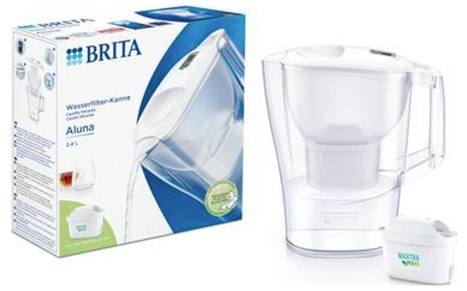 Vodní filtrační konvice Brita Aluna vedle obalu. Ukazuje konvici s filtrem a upozornění na kapacitu 2,4 litru.