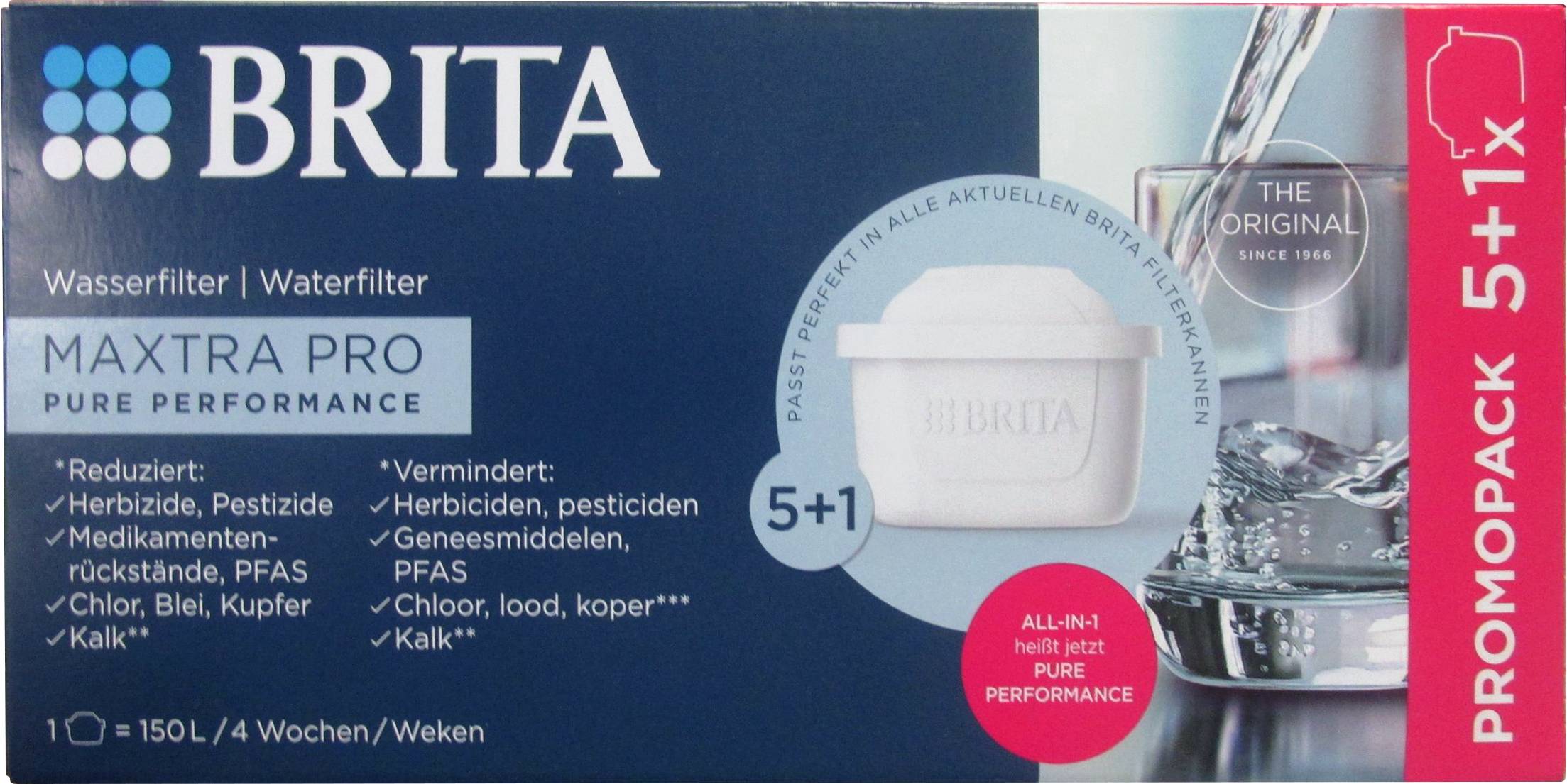 Balení filtračních patronek Brita Maxtra Pro, zvýrazněné vlastnosti: 'All-in-1', '50L kapacita', 5+1 kusů.