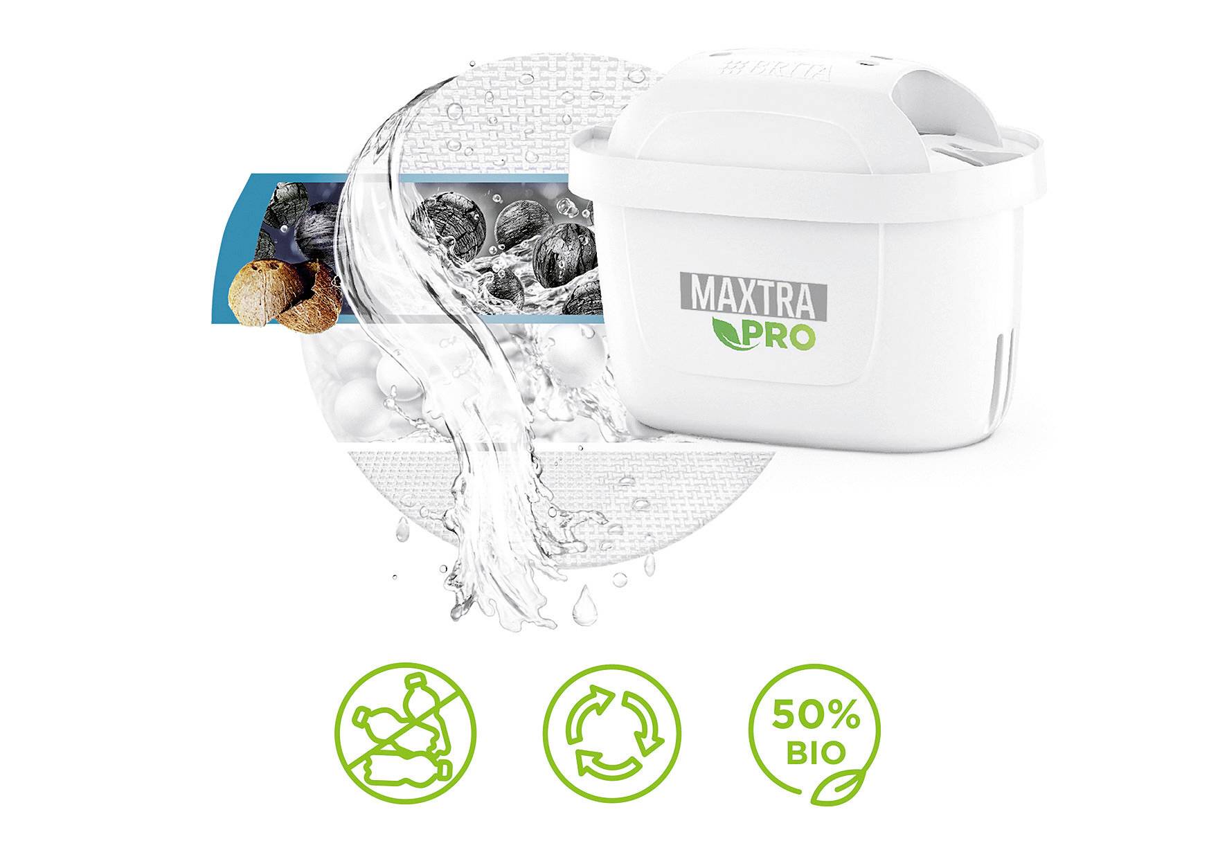 Vodní filtr s logem 'Maxtra Pro', proudící voda a symboly filtrační technologie, recyklace a 50 % biologického materiálu.