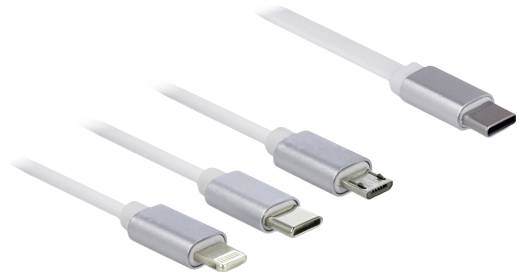 Čtyři nabíjecí kabely s různými konektory: USB-C, micro-USB, Lightning a další USB-C, uspořádané a umístěné vedle sebe.