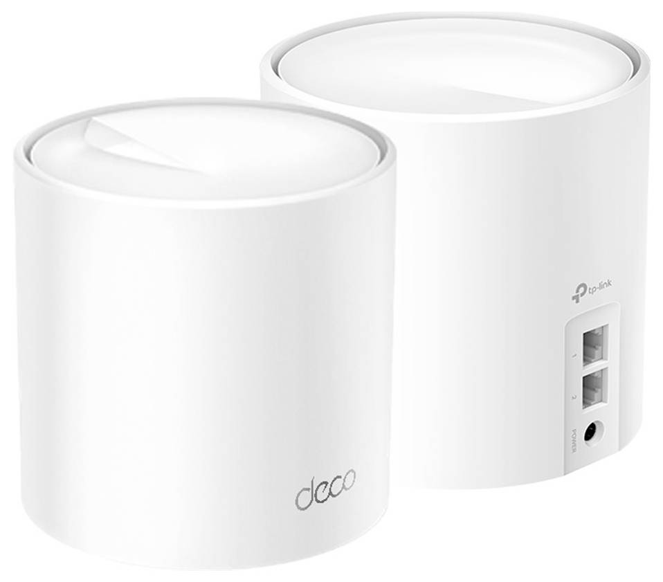 Dva bílé válcové routery od TP-Link. Na jednom zařízení jsou viditelná loga 'deco' a TP-Link, zadní strana ukazuje ethernetové porty.