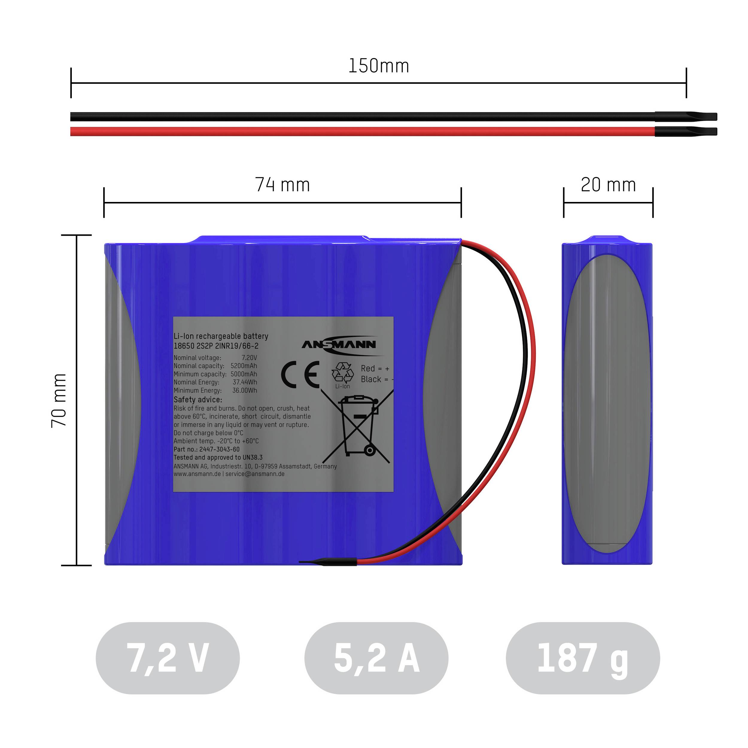 Obrázek ukazuje lithium-iontovou baterii s rozměry: 150 mm (kabel), 74 mm šířka, 70 mm výška. Technické údaje: 7,2 V, 5,2 A, 187 g.