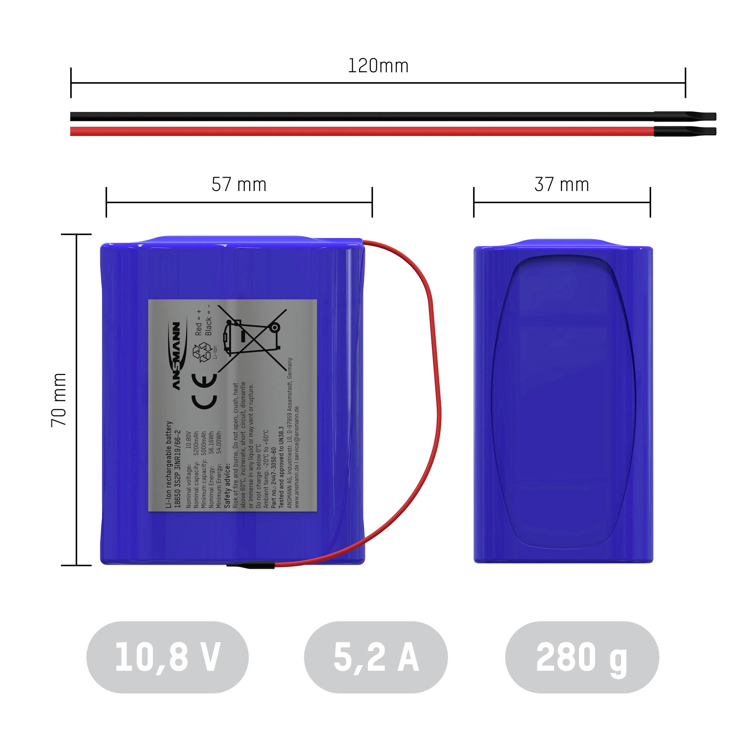 Modrý akumulátor s kabelem. Rozměry: 70mm výška, 57mm šířka, 37mm hloubka. Napětí: 10,8V, kapacita: 5,2A, hmotnost: 280g. Kabel: 120mm.