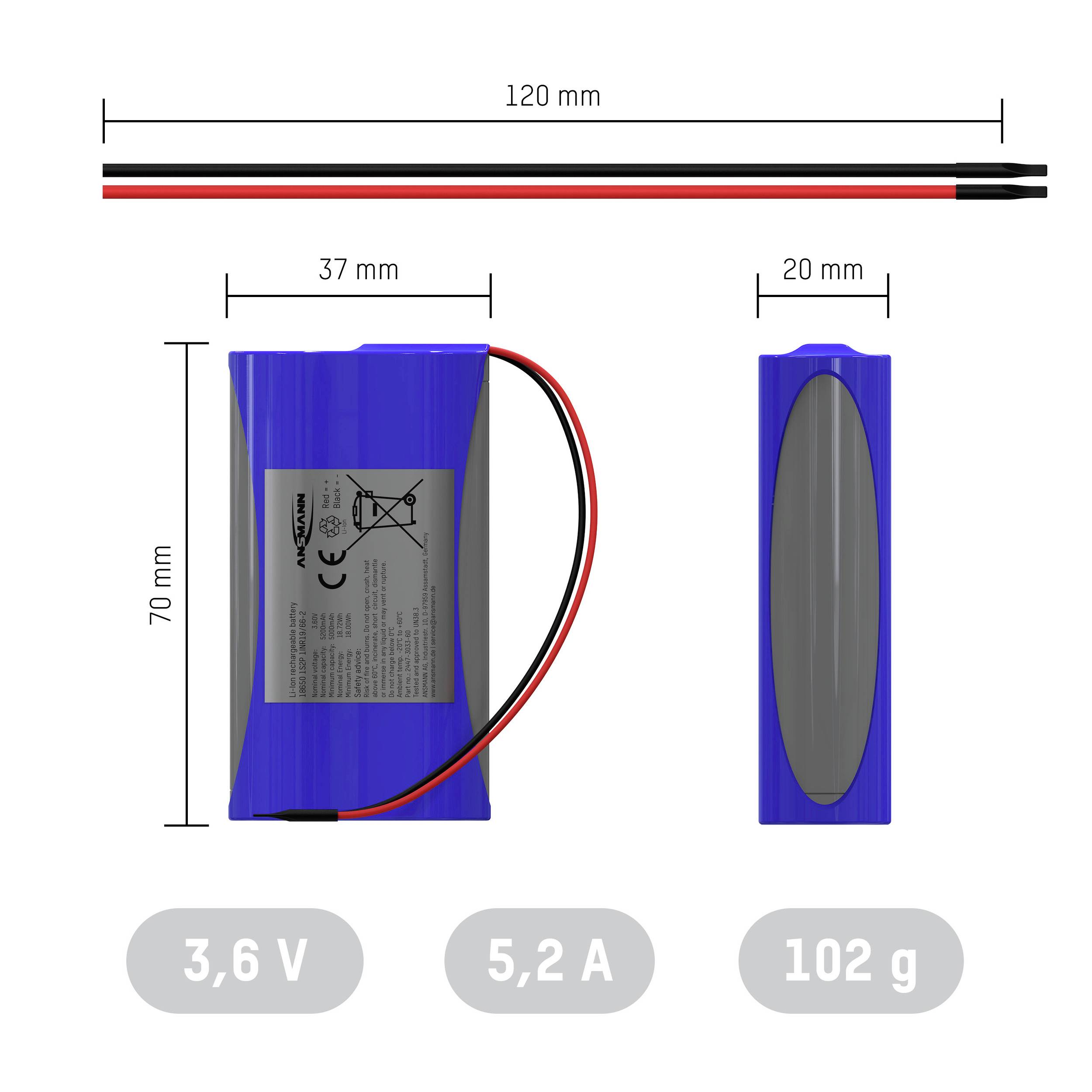 Modrý bateriový modul s rozměry 120 mm x 70 mm x 20 mm. Napětí 3,6 V, kapacita 5,2 A, hmotnost 102 g. Dva kabely jsou zvýrazněny.