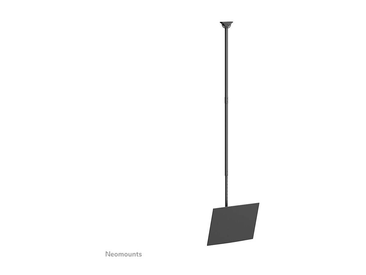 Stropní držák s nastavitelnou tyčí, na které je zavěšen displej. Logo 'Neomounts' v levém dolním rohu.