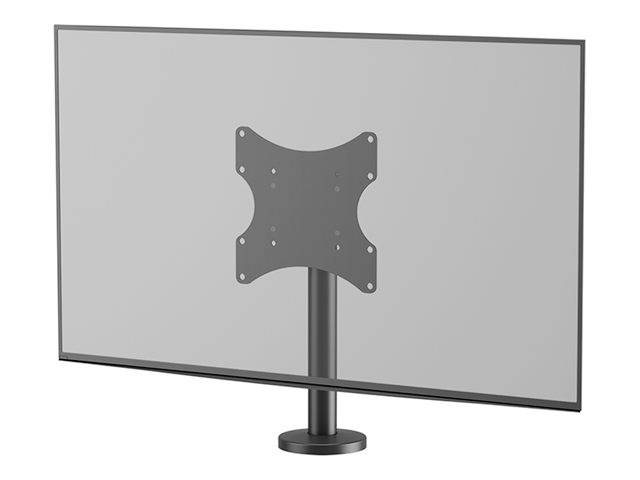 Černý kovový stojan na monitor s kulatou základnou, vhodný pro upevnění obrazovky.