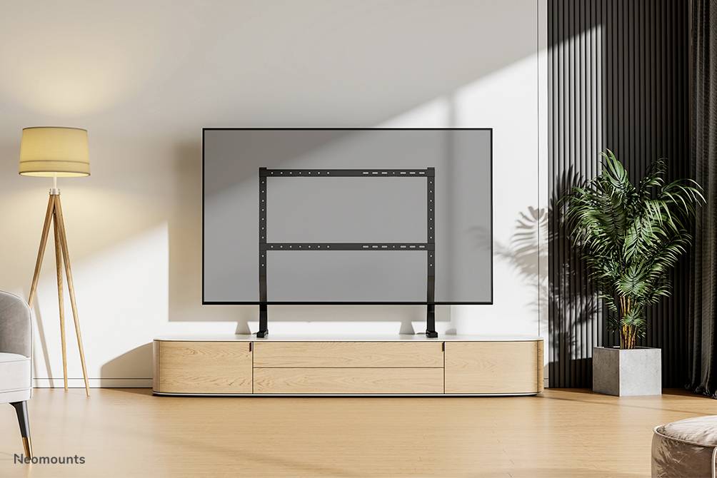 Stojan na televizi před televizí v moderním, minimalisticky zařízeném obývacím pokoji s lampou a rostlinou v pozadí.