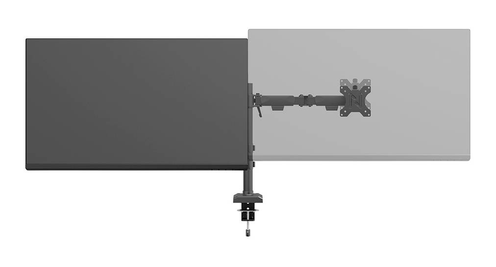 Držák monitoru se dvěma rameny, jeden v plné délce s namontovaným monitorem, druhý bez monitorové podpěry. Černošedý design.