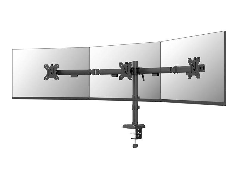 Trojitý držák monitorů s otočnými rameny, vhodný pro stabilní umístění tří monitorů vedle sebe na stole.