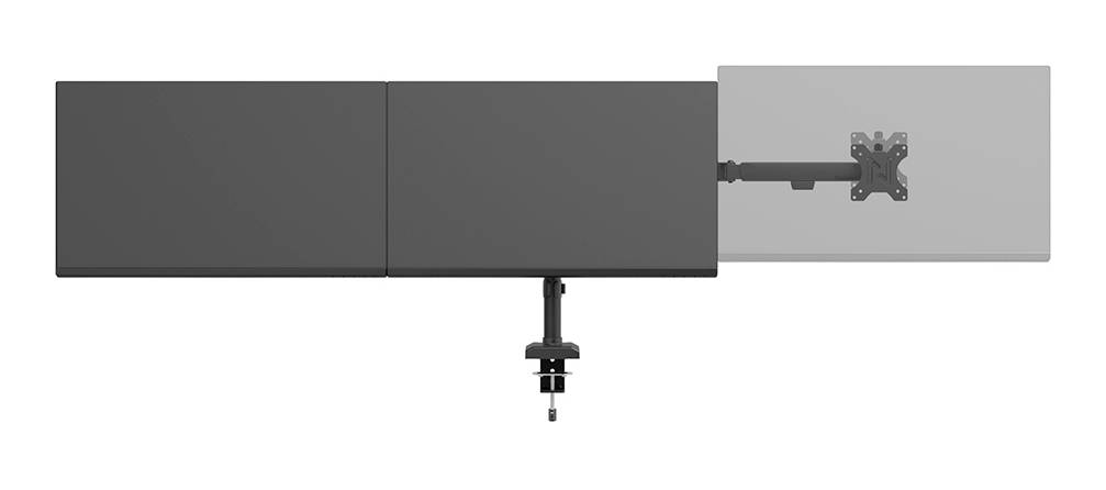 Stolní držák na monitor se dvěma upevňovacími deskami umístěnými vedle sebe; jedna je světle šedá, druhá tmavá.