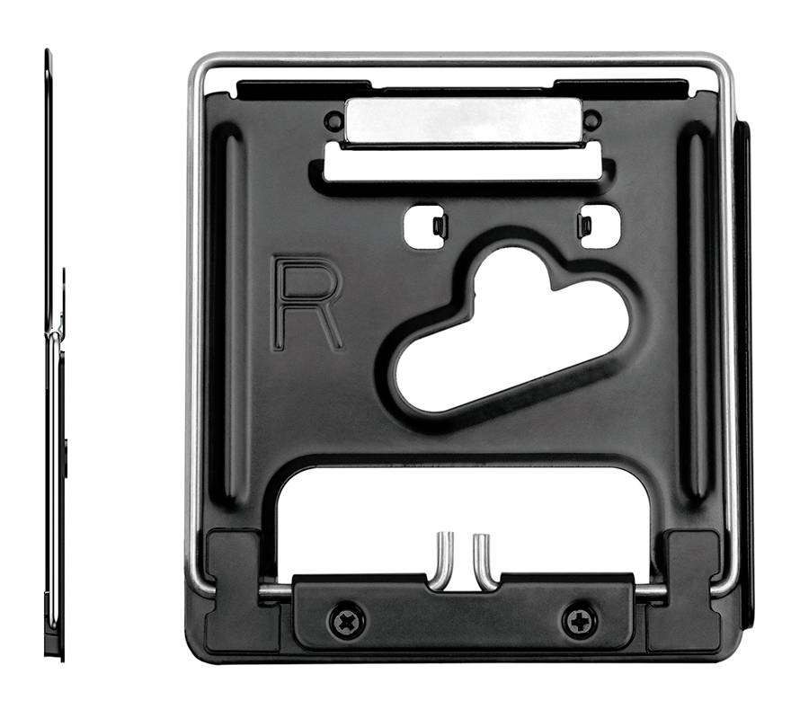 Boční pohled na 'Mountain Plate', zadní pohled ukazuje 'R' a asymetrický design upevnění pro komponenty jízdního kola.