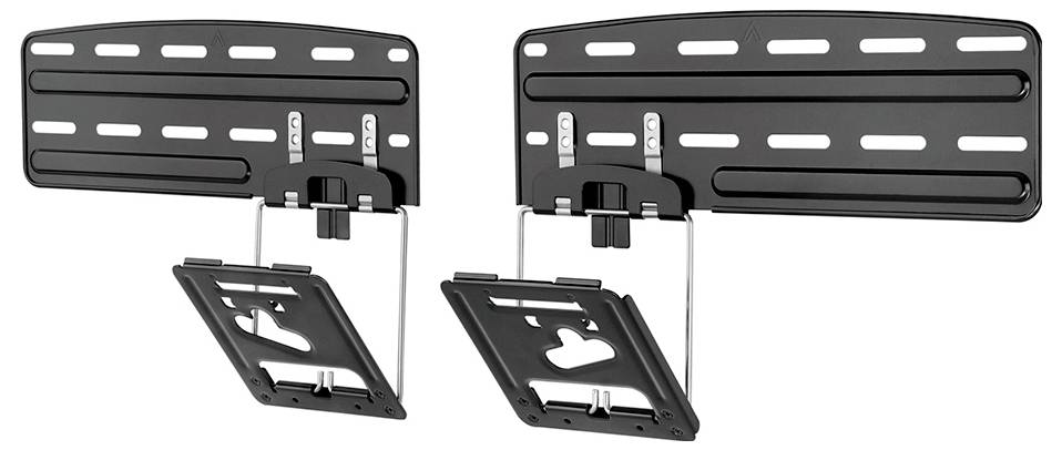 Dvě černé nástěnné držáky na TV z kovu, montovatelné, s nastavitelnými ramennými mechanismy pro naklopení a otočení televizoru.