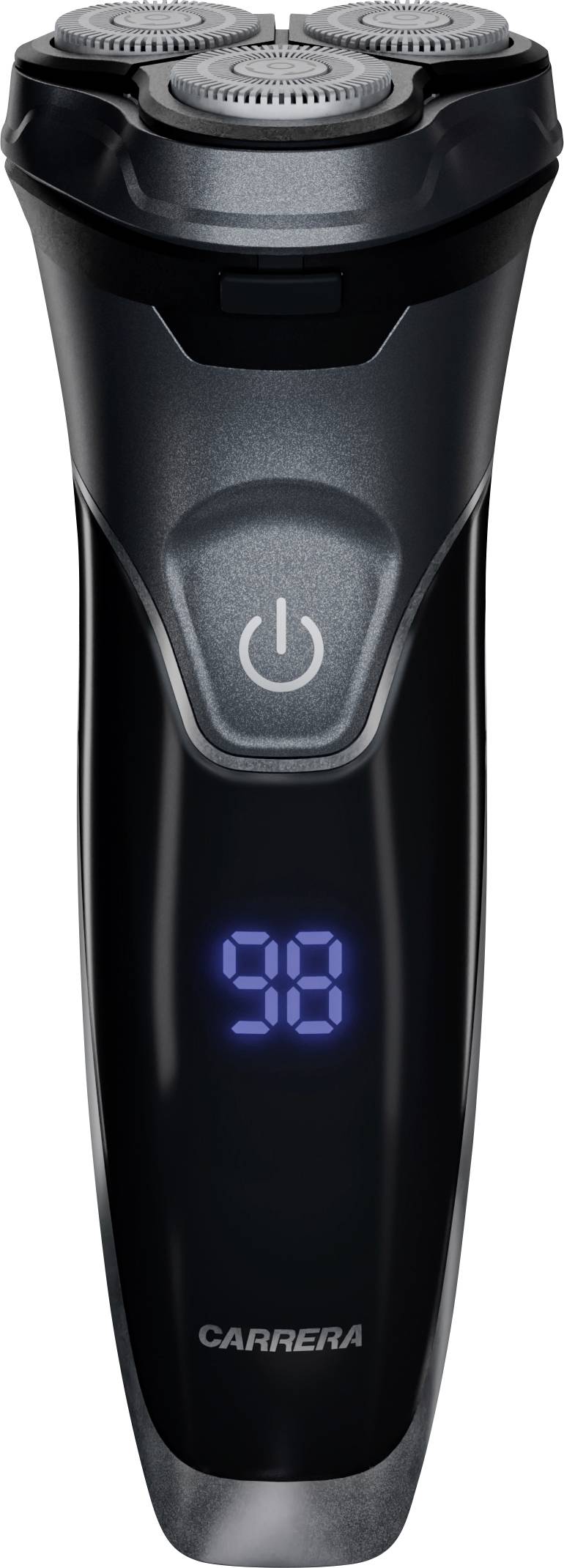 Elektrický holicí strojek se třemi rotačními hlavicemi a digitálním displejem zobrazujícím '98'. Na přední straně se nachází vypínač.