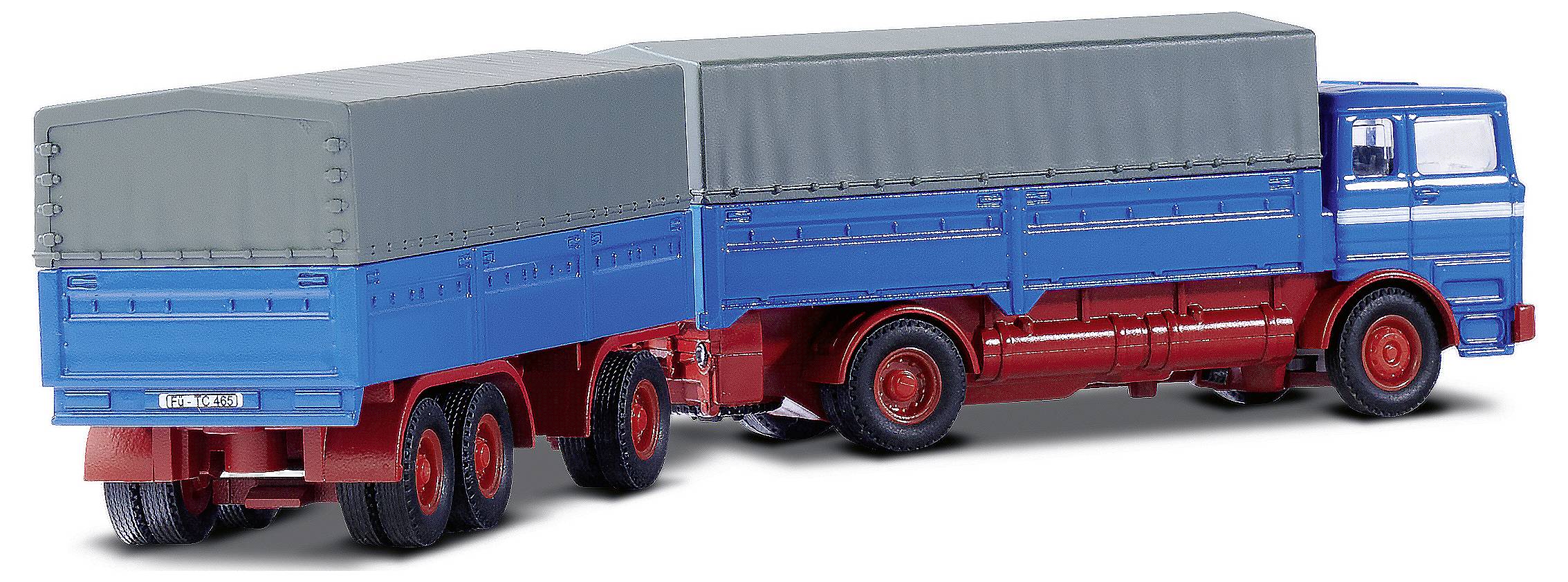 Modrý model tahače s šedými plachtami a červenými koly ukazuje klasický design nákladního vozu.