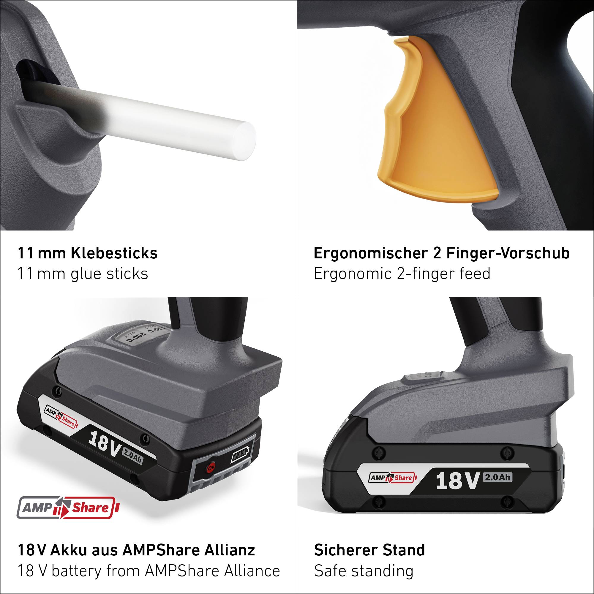 Akumulátorová pistole s ergonomickým 2-prstým posuvem, 11mm tavné tyčinky, 18V akumulátor od AMPShare, poskytuje stabilní oporu.