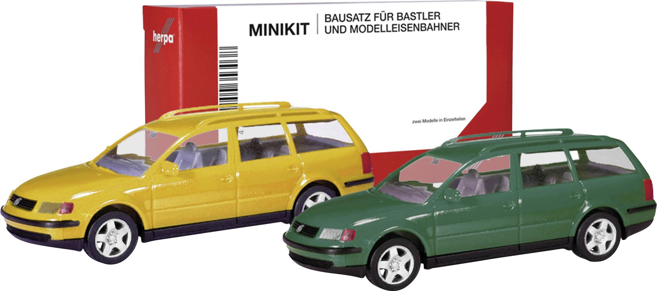 Herpa 012249-007 H0 model osobního automobilu Volkswagen Passat Variant B5, honigžlutá a meosově zelená