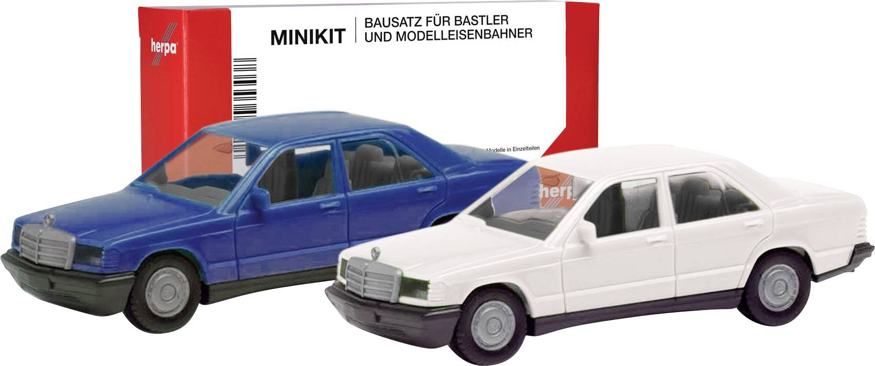 Herpa 012409-009 H0 model osobního automobilu Mercedes Benz 190E, modrá a bílá