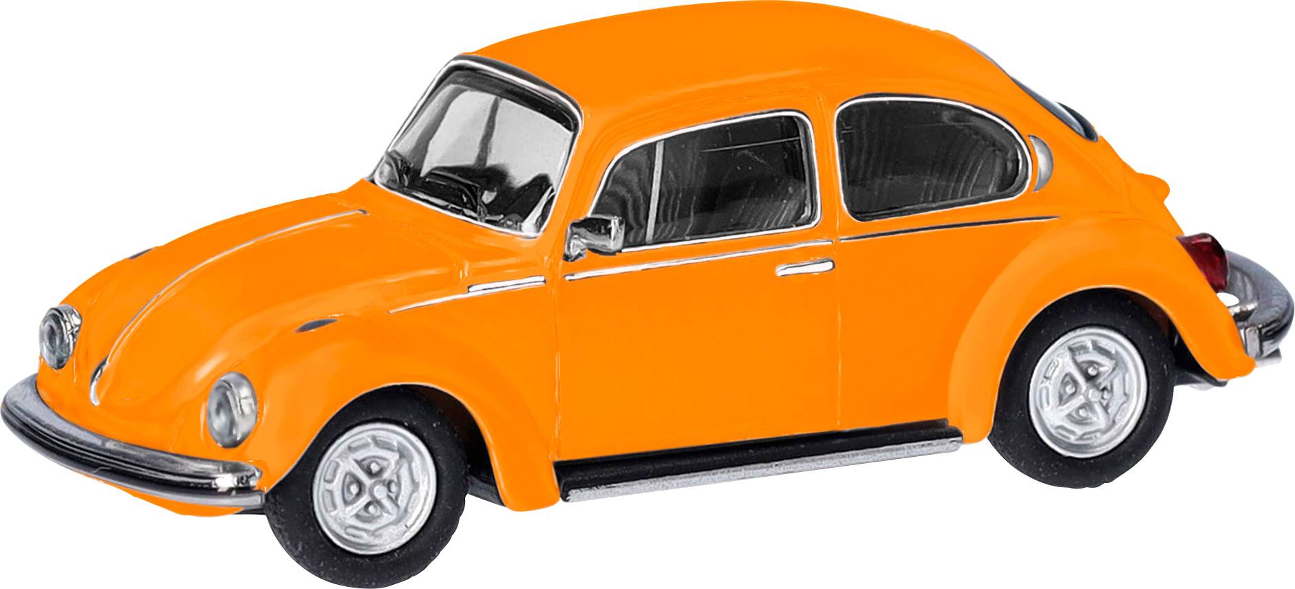 Oranžové modelové auto ve stylu klasického brouka, zobrazené z boku, na bílém pozadí.