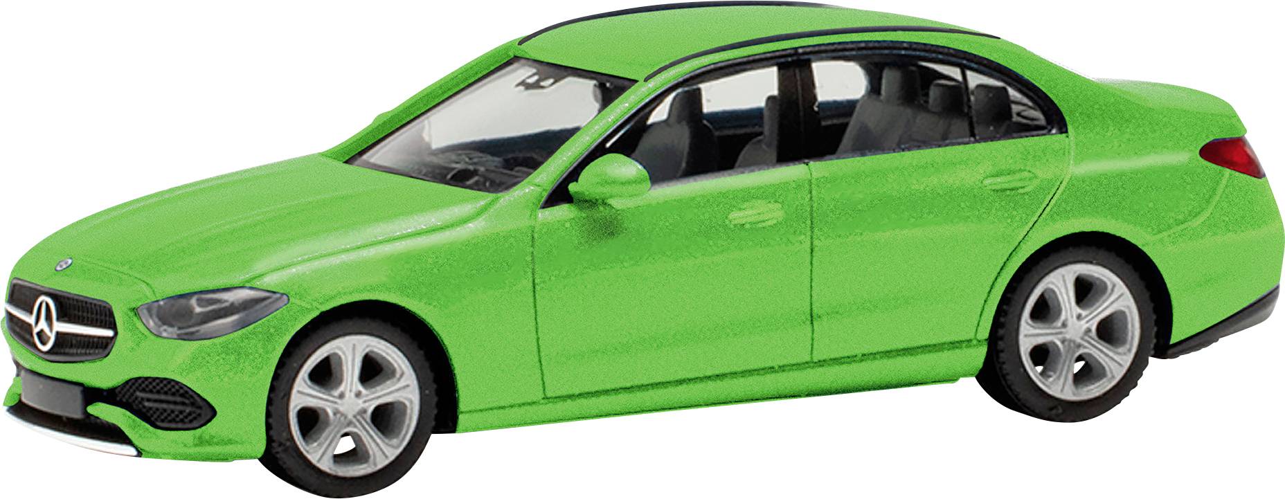 Zelený model automobilu čtyřdveřového Mercedes-Benz. Stojí na rovné ploše a je pozorován z pravé strany.