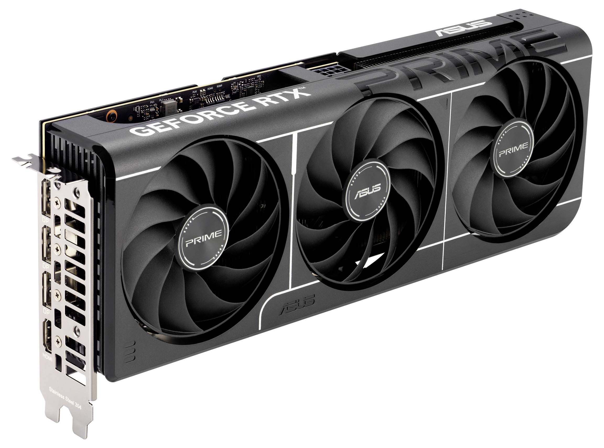 Černá grafická karta značky ASUS se třemi ventilátory s nápisem 'GEFORCE RTX' a 'PRIME'.
